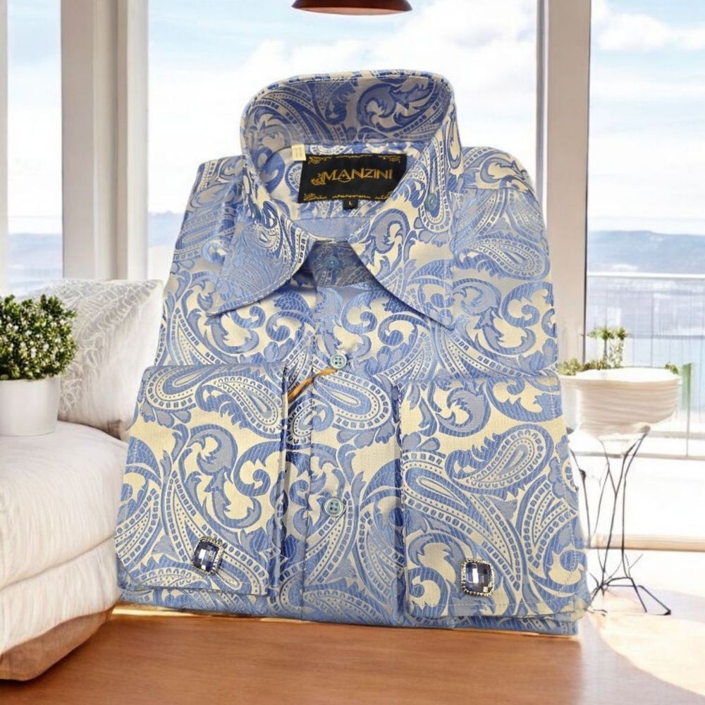 MEN'S MANZINI SKY BLUE LONG SLEEVE FASHION HIGH BOY SPORT SHIRT. MZT-100.